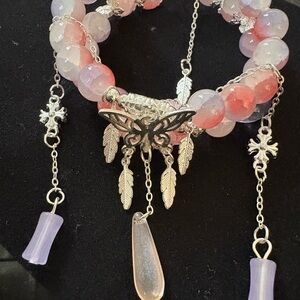 Handmade Double layer Pink Butterfly Rose Bracelet